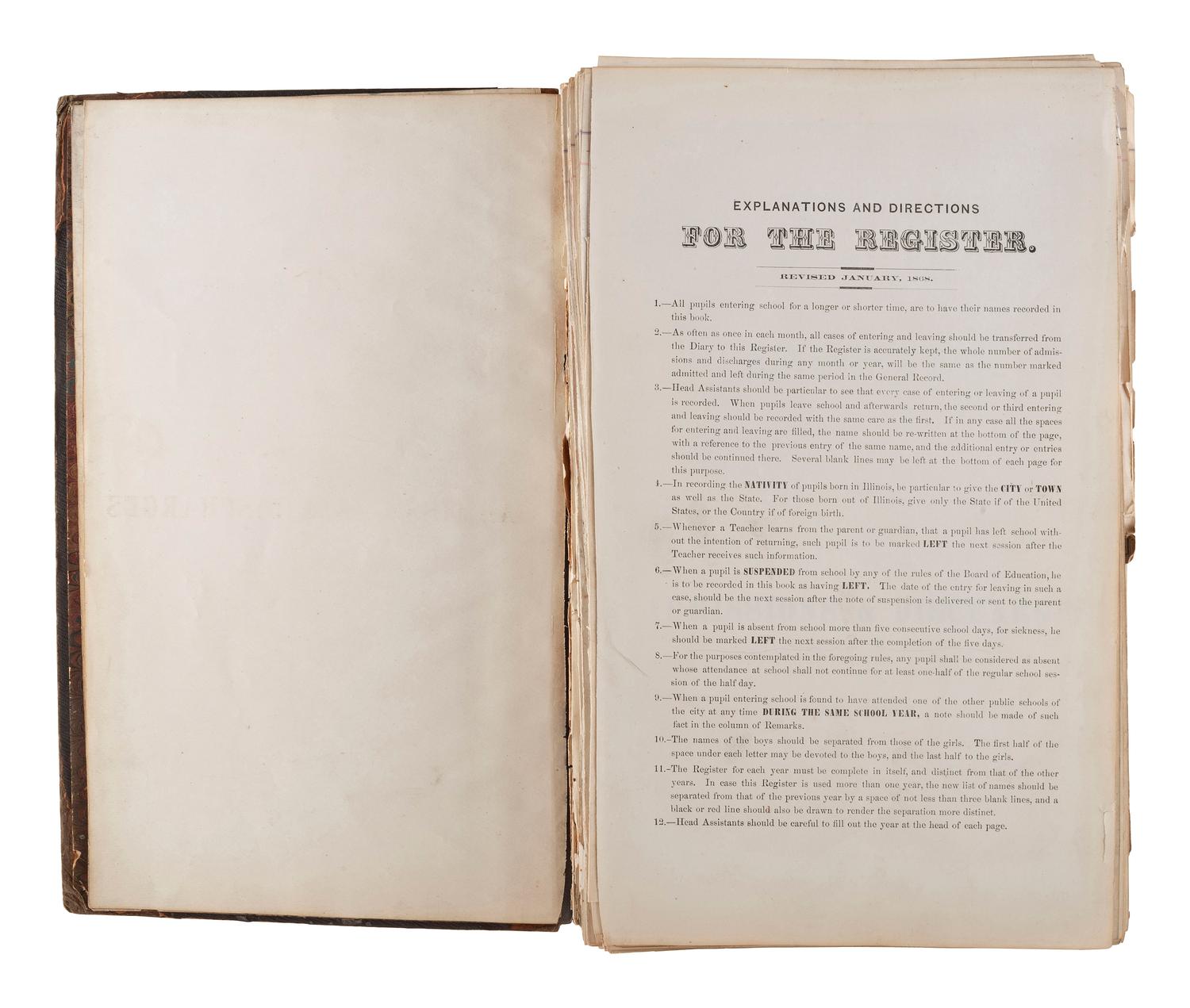 [CHICAGO FIRE]. Register of Admissions and Discharges in the Foster School, Chicago, Illinois, 1871-1872.