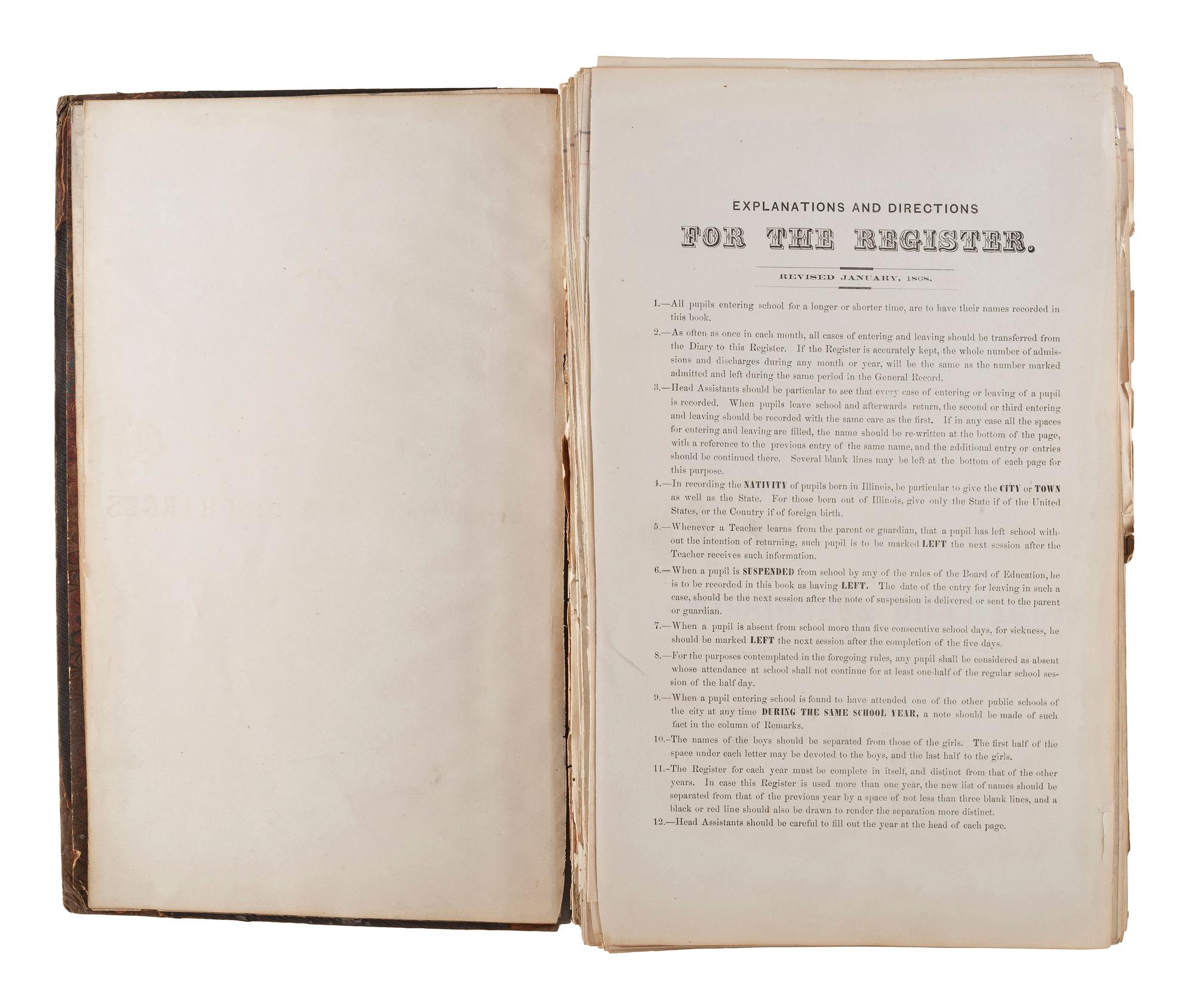 [CHICAGO FIRE]. Register of Admissions and Discharges in the Foster School, Chicago, Illinois, 1871-1872.