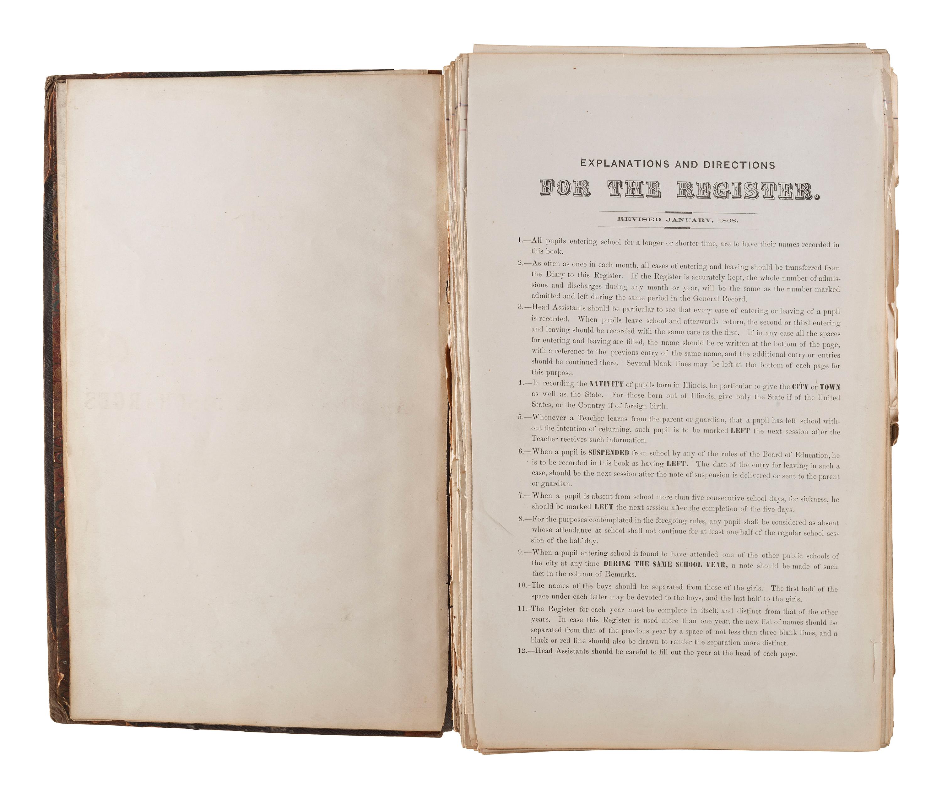 [CHICAGO FIRE]. Register of Admissions and Discharges in the Foster School, Chicago, Illinois, 1871-1872.