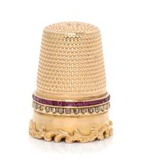 A Continental 18-Karat Yellow Gold and Gem Thimble, , the knurled top and body above a double band inset with rubies and diamonds, the