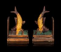 A Pair of Chinese Green and Yellow Glazed Stoneware Fish-Form Roof Tiles