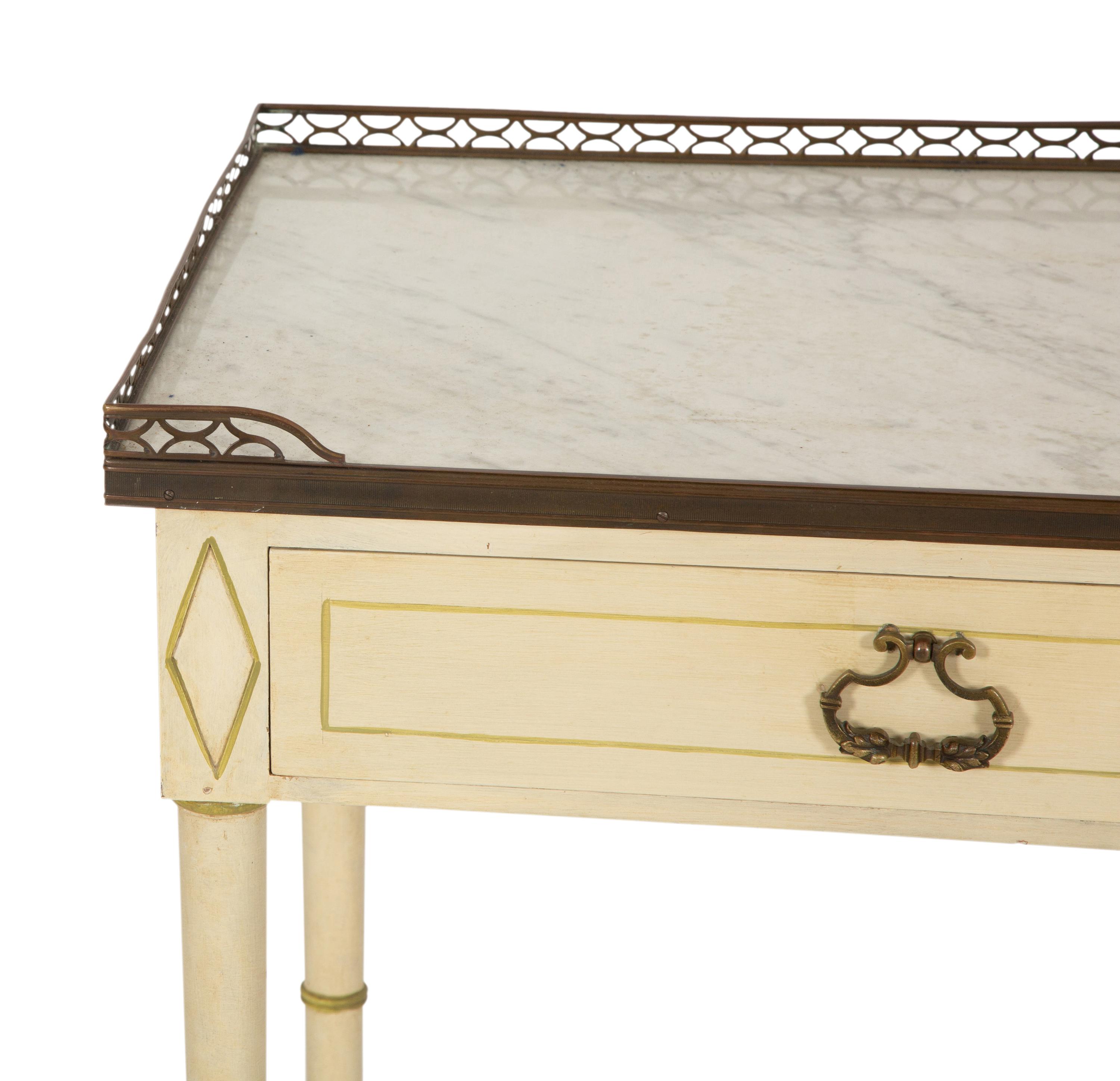 A Regency Style Painted Side Table with Brass Three-Quarter Gallery Top