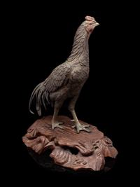 A Patinated-Bronze Okimono of a Cockerel