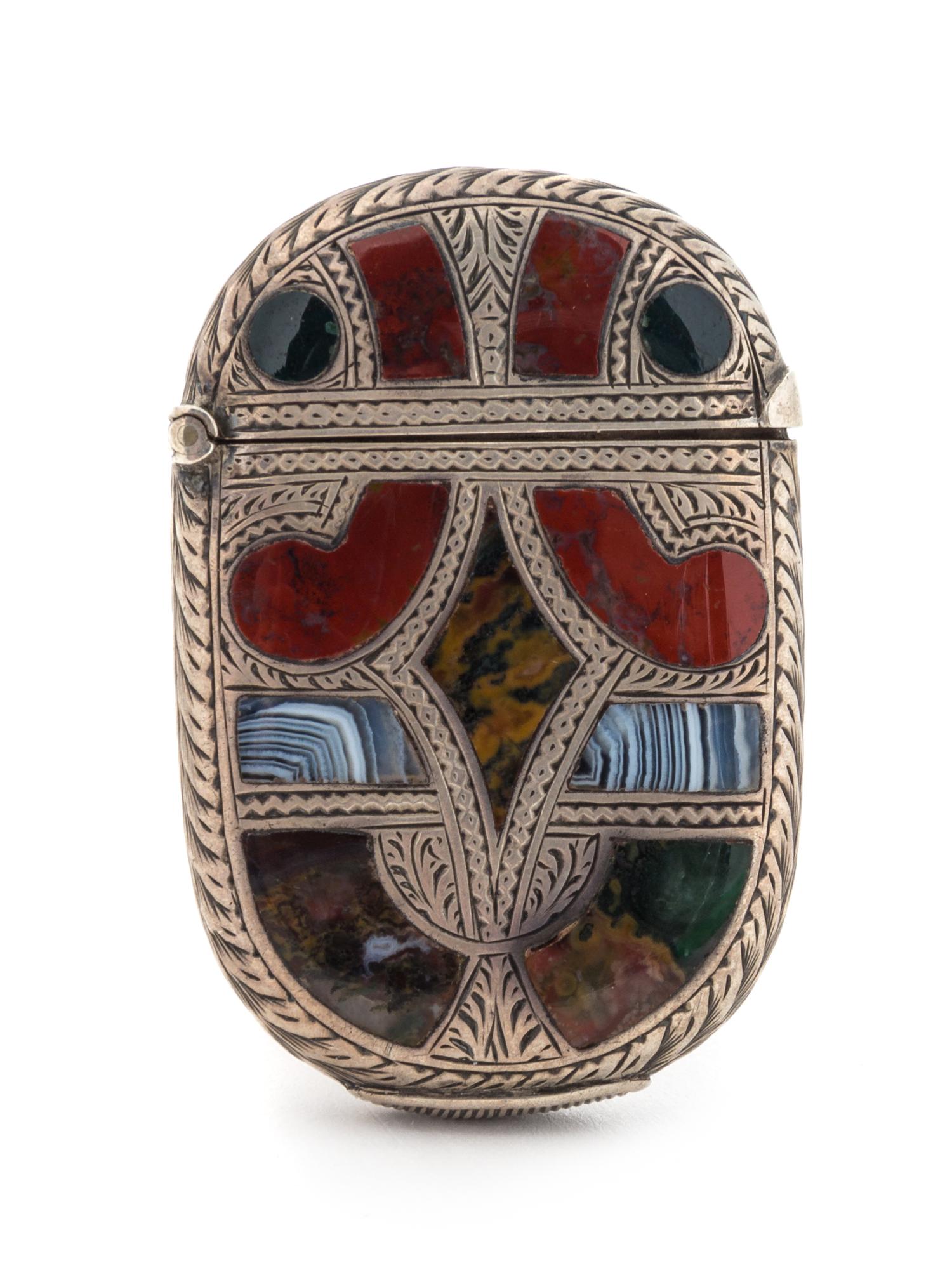 A Victorian Silver and Hardstone Inset Vesta Case, James Fenton, Birmingham, 1887, the face decorated with inset hardstone elements, th