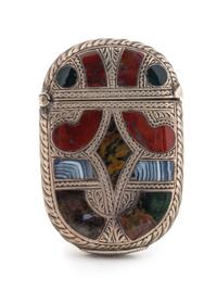 A Victorian Silver and Hardstone Inset Vesta Case, James Fenton, Birmingham, 1887, the face decorated with inset hardstone elements, th
