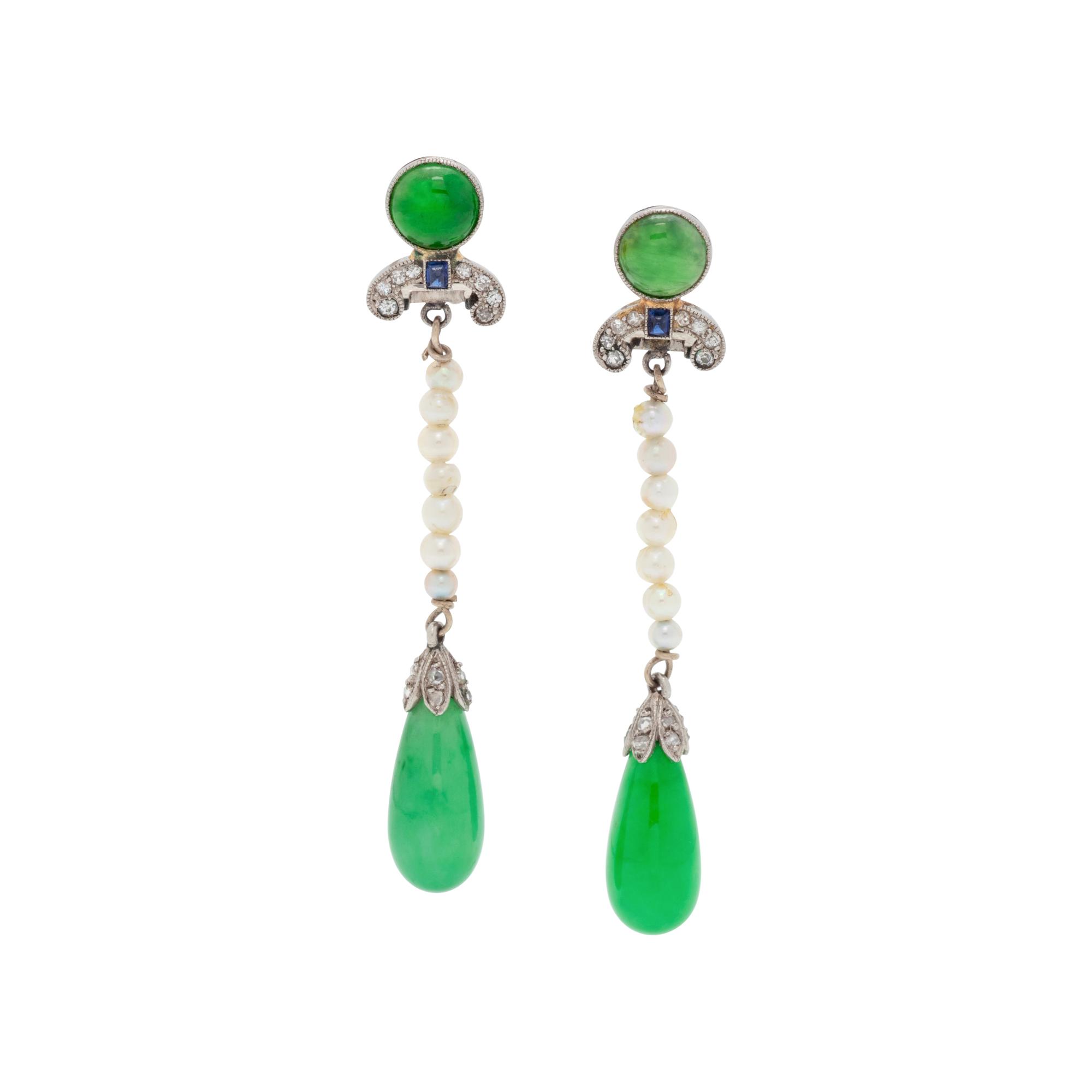 JADE, SEED PEARL AND DIAMOND EARCLIPS