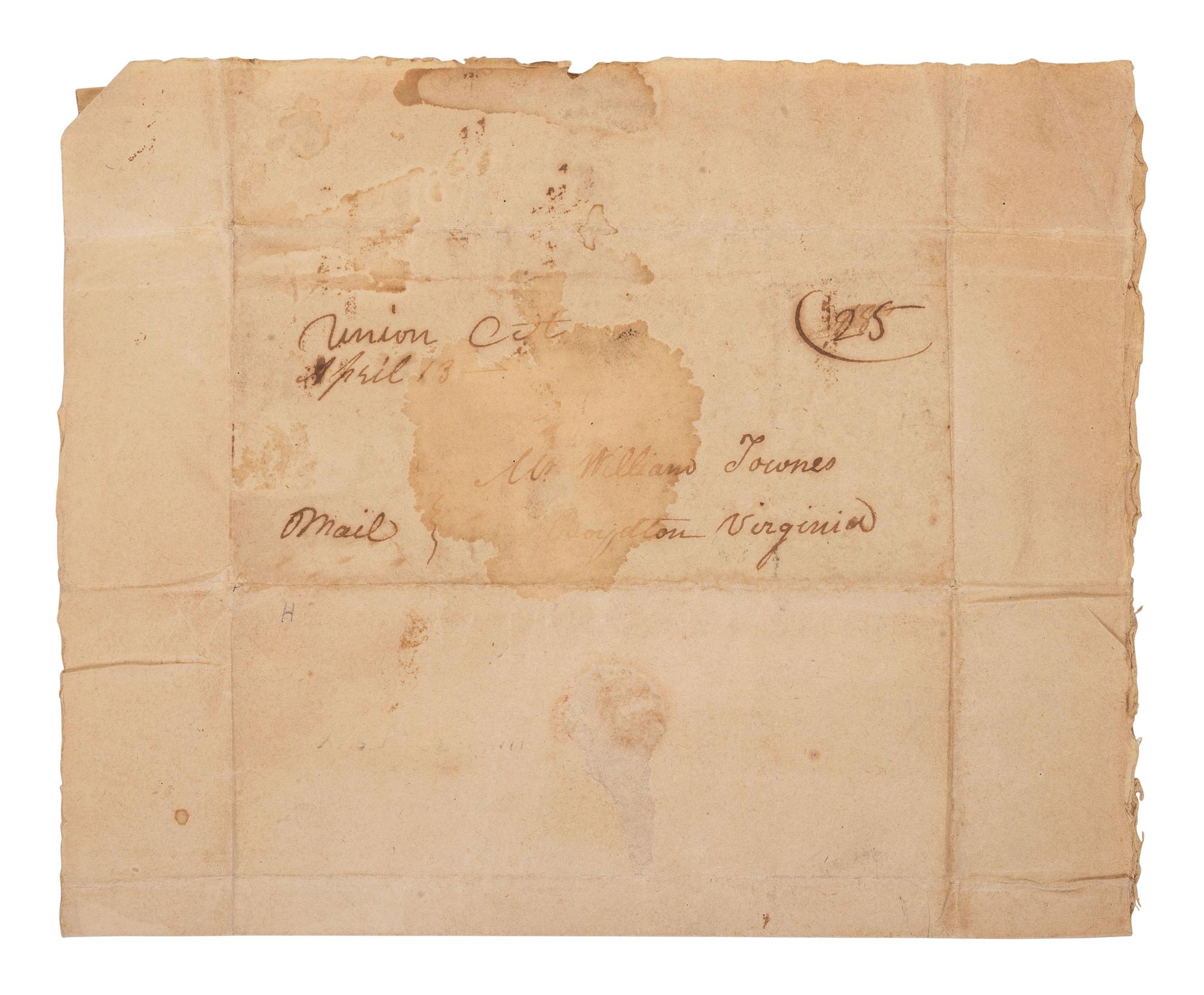 [ENSLAVEMENT & ABOLITION]. Letter from a southern slave trader describing the transportation of enslaved persons from Virginia to auction markets in the Deep South, 1820.