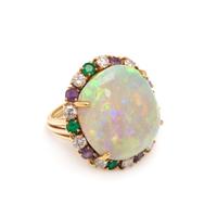 RAYMOND YARD, OPAL, DIAMOND, EMERALD AND AMETHYST RING