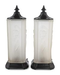 A Pair of Frosted Glass and Painted Metal Lamps