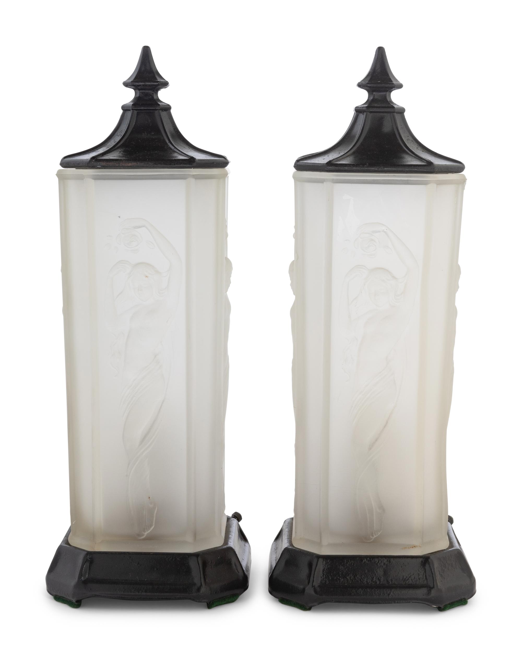 A Pair of Frosted Glass and Painted Metal Lamps