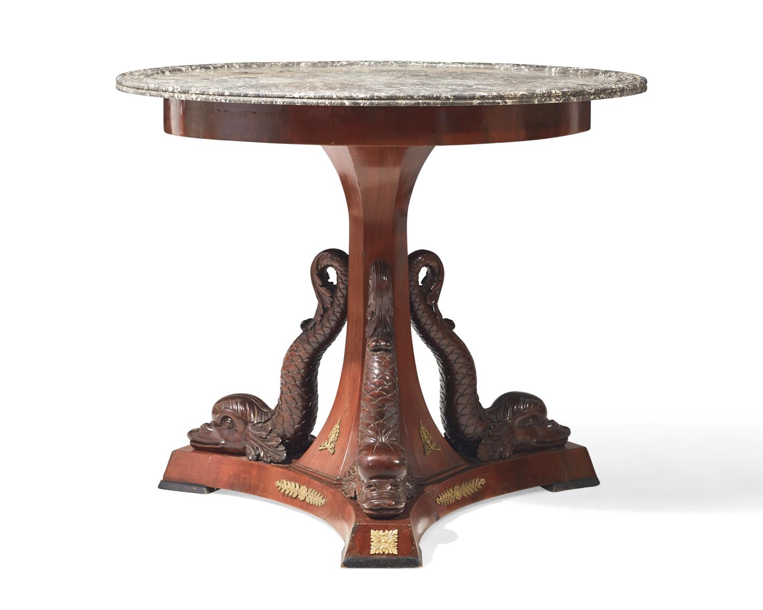A Neoclassical gilt-bronze mounted mahogany center table with dished breccia marble top, possibly Baltic Region, circa 1820
