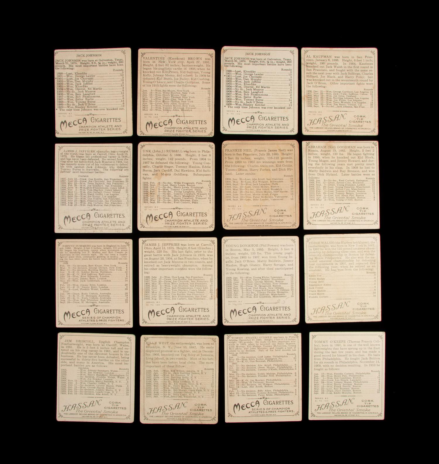 A Group of 16 T218 Mecca Hassan Cigarettes Boxing Cards Including Jack Johnson,