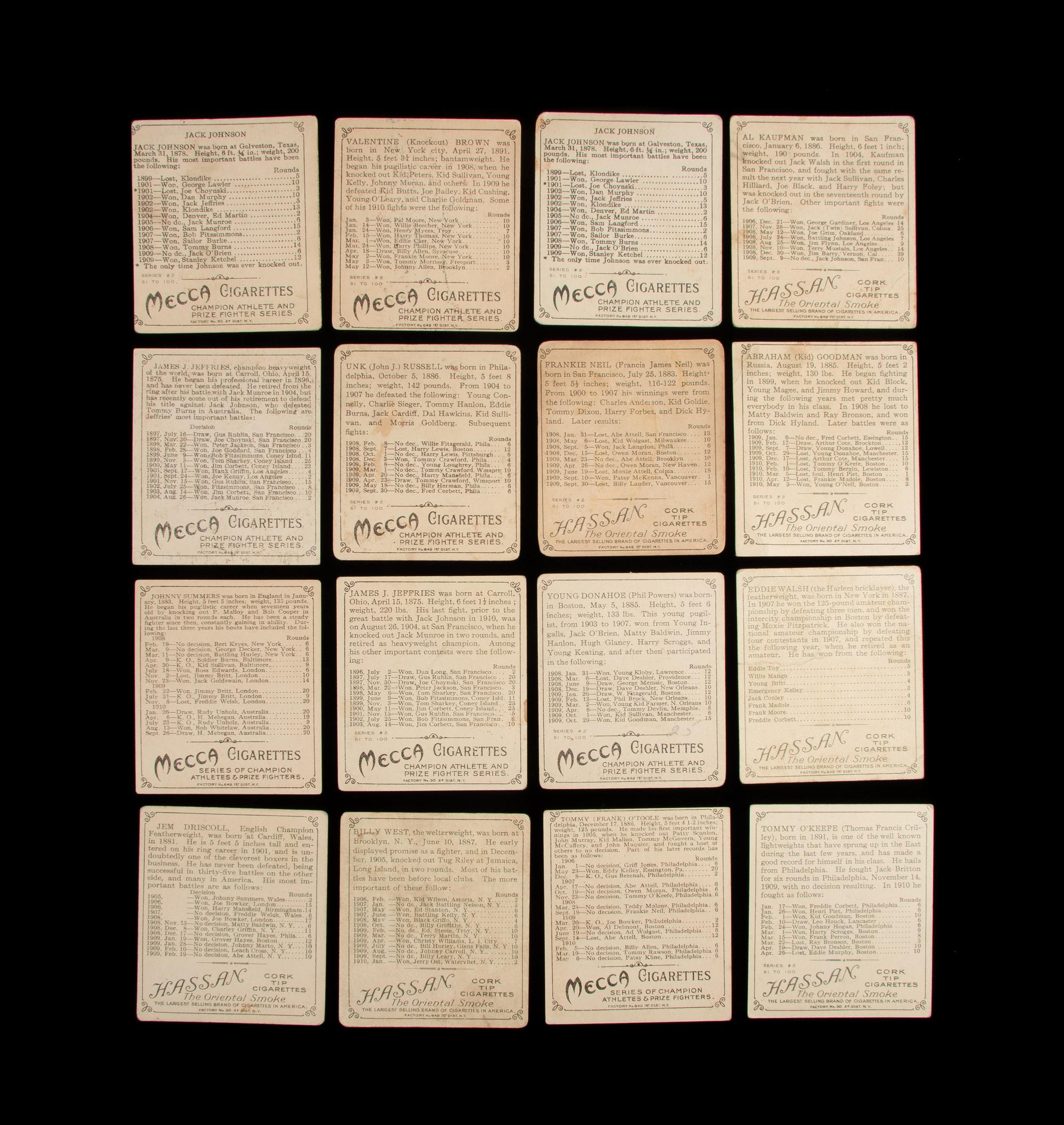 A Group of 16 T218 Mecca Hassan Cigarettes Boxing Cards Including Jack Johnson,