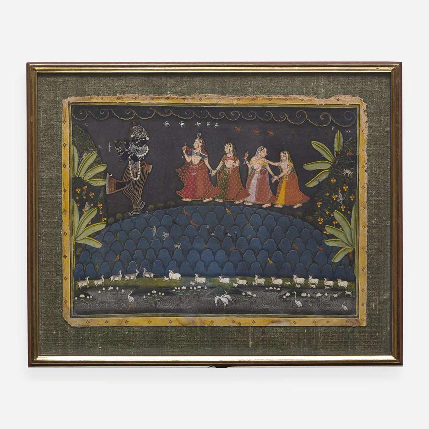 Two Rajasthani miniature paintings depicting Krishna 印度袖珍画两幅 19th century ????