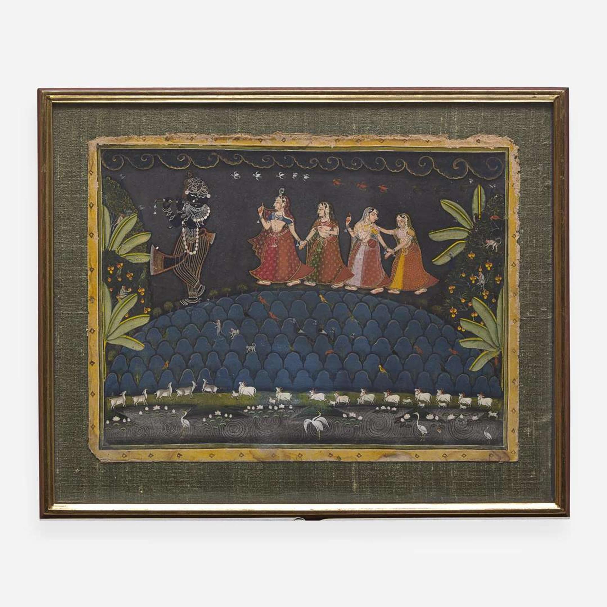 Two Rajasthani miniature paintings depicting Krishna 印度袖珍画两幅 19th century ????
