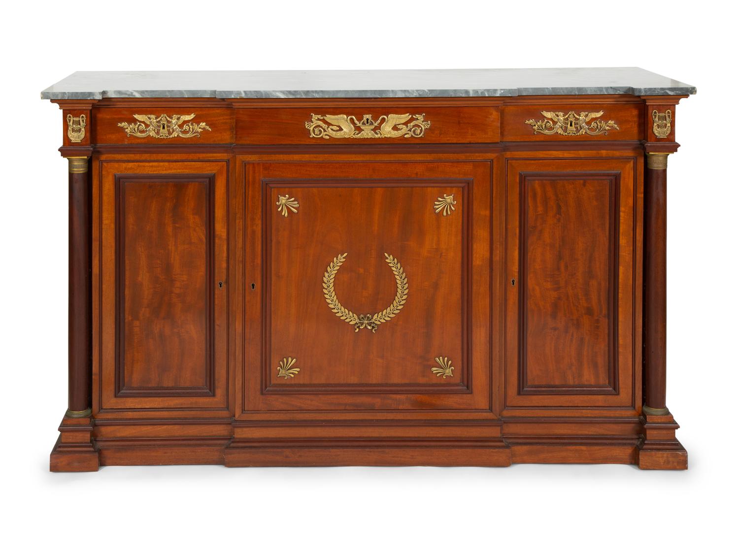 A French Empire Gilt Metal Mounted Mahogany Marble Top Sideboard