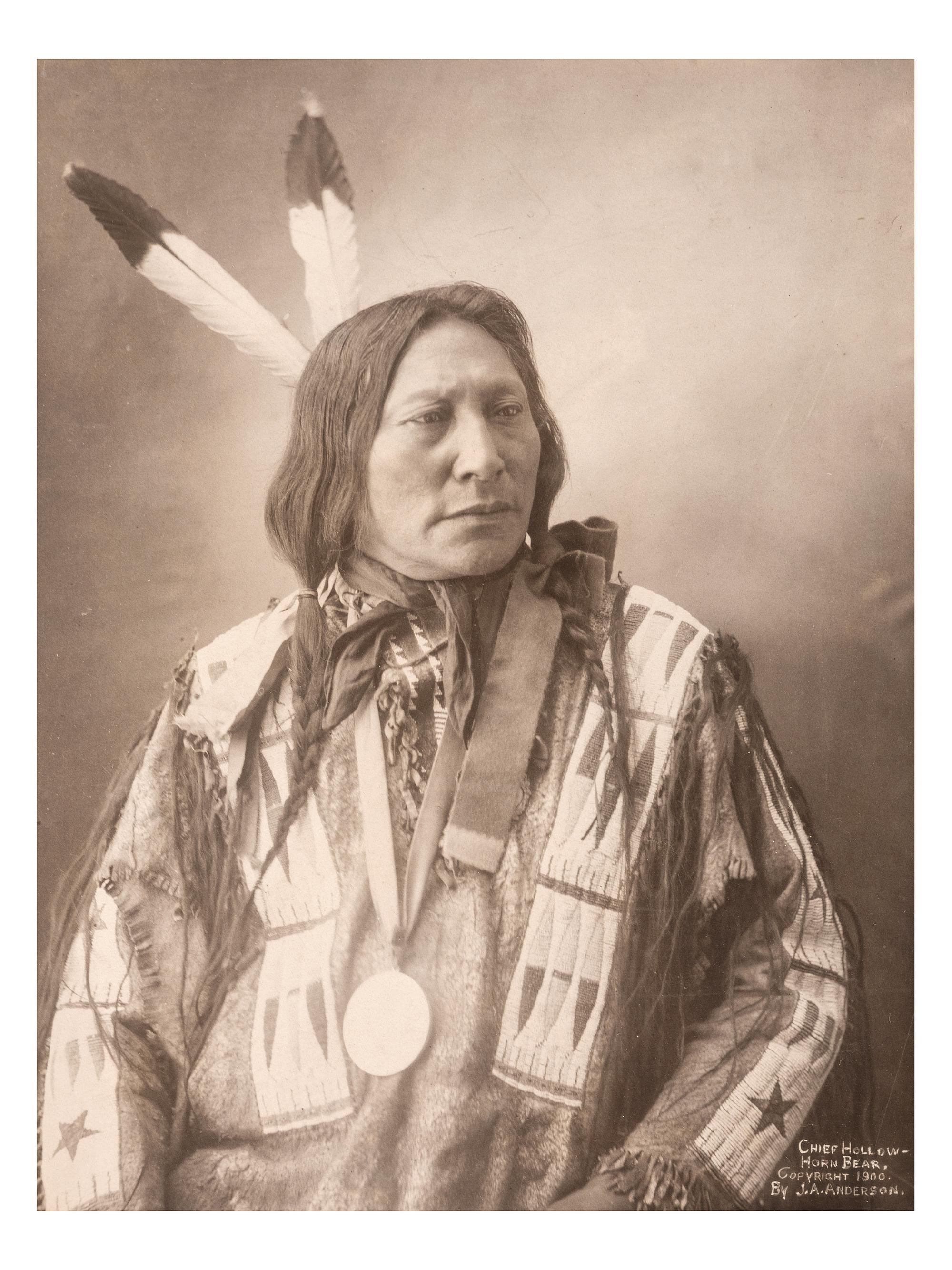 [NATIVE AMERICANS]. ANDERSON, J.A., photographer. Chief Hollow-Horn Bear. Rosebud, SD, 1900.