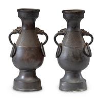 A Pair of Chinese Ming Style Bronze 'Mythical Beast' Handled Vases