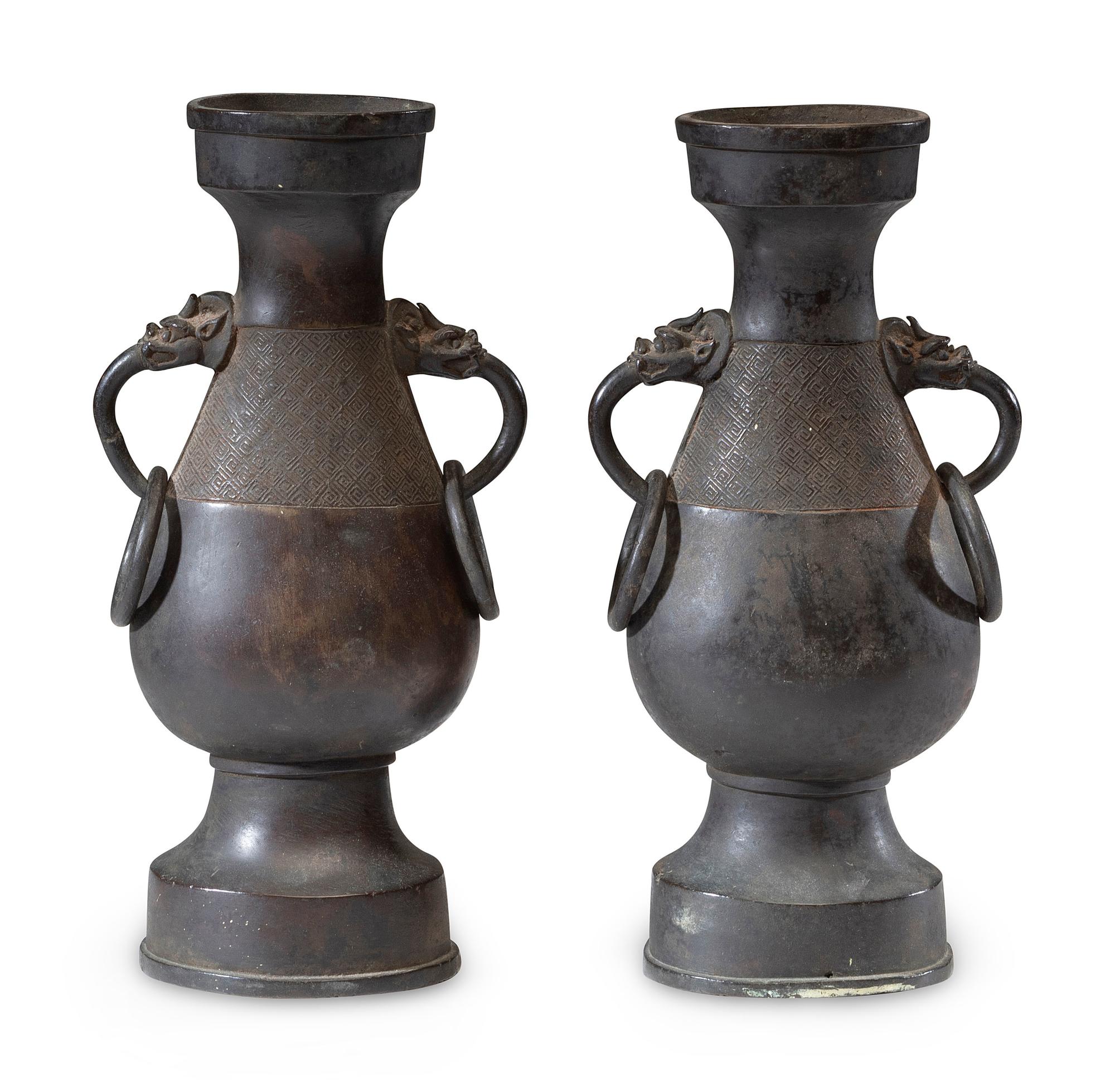 A Pair of Chinese Ming Style Bronze 'Mythical Beast' Handled Vases