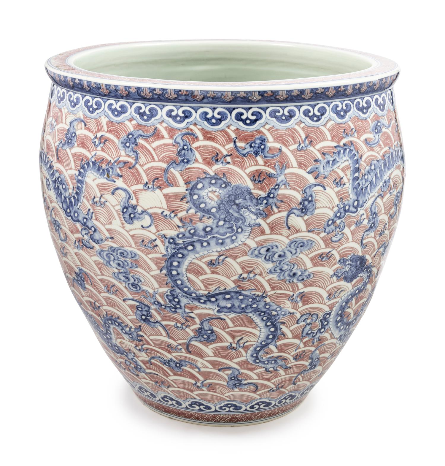 A Large Copper Red and Underglaze Blue Porcelain Fish Bowl