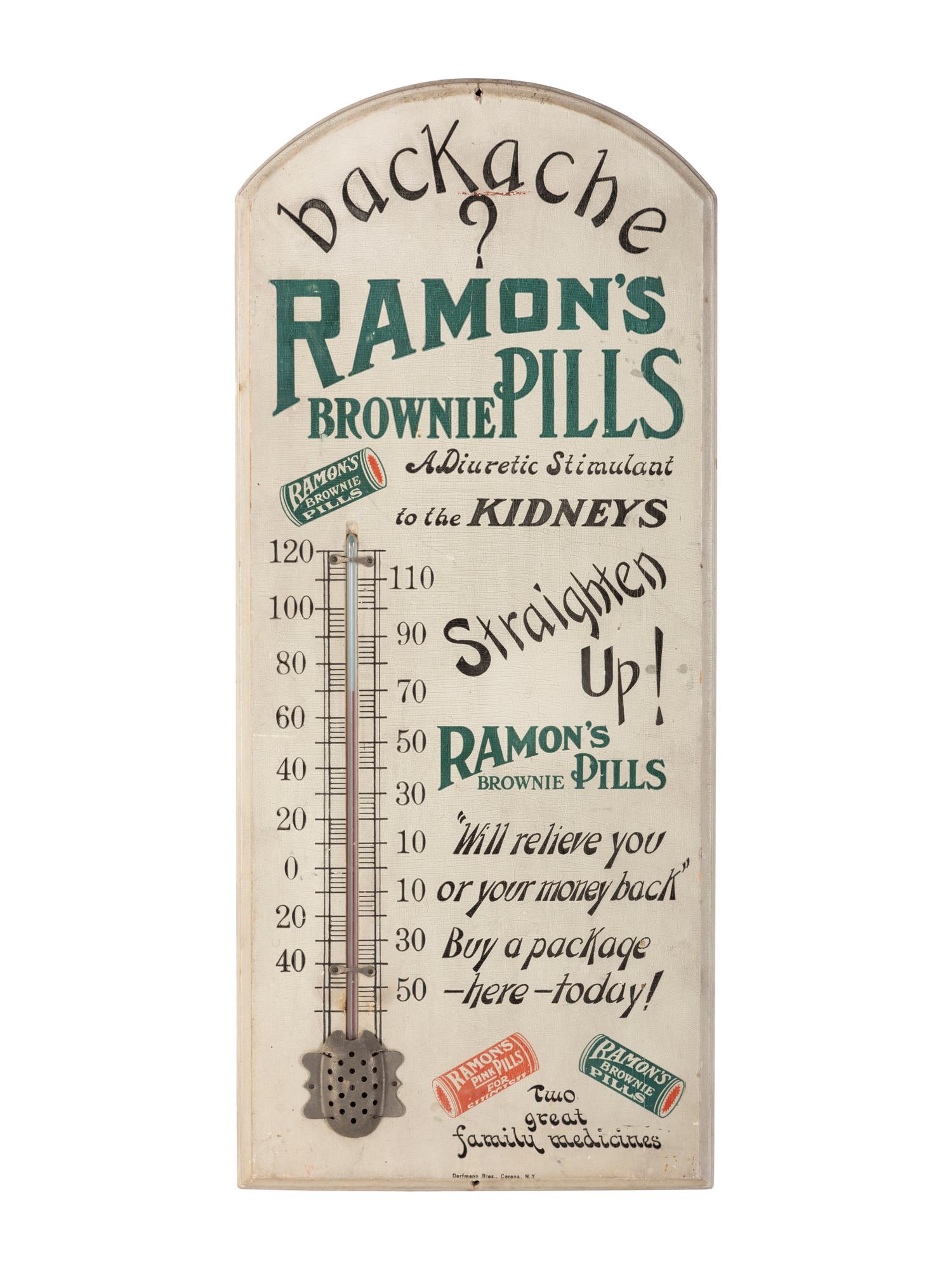 A Wood-Mounted Ramon's Brownie Pills Advertising Thermometer