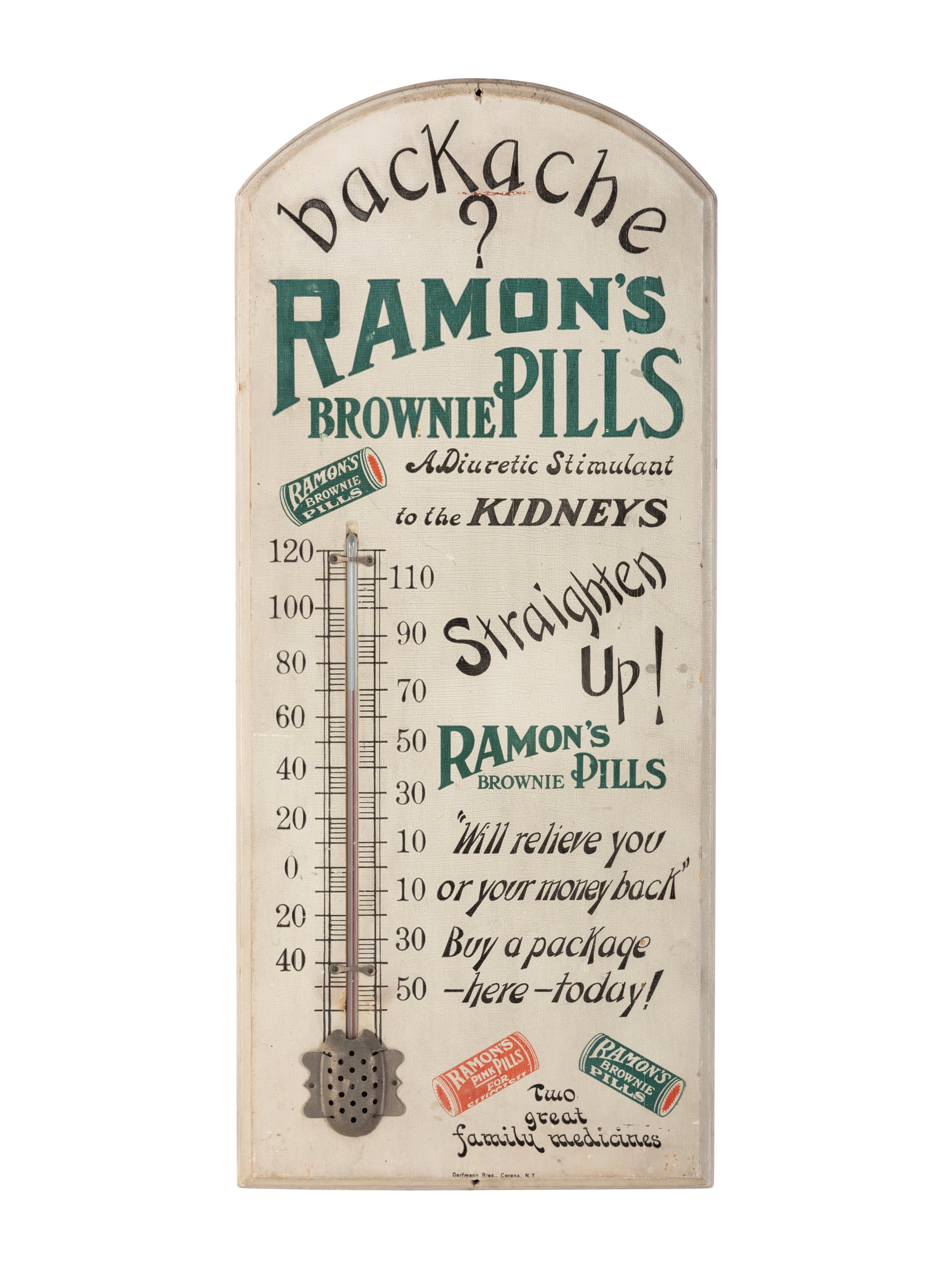 A Wood-Mounted Ramon's Brownie Pills Advertising Thermometer