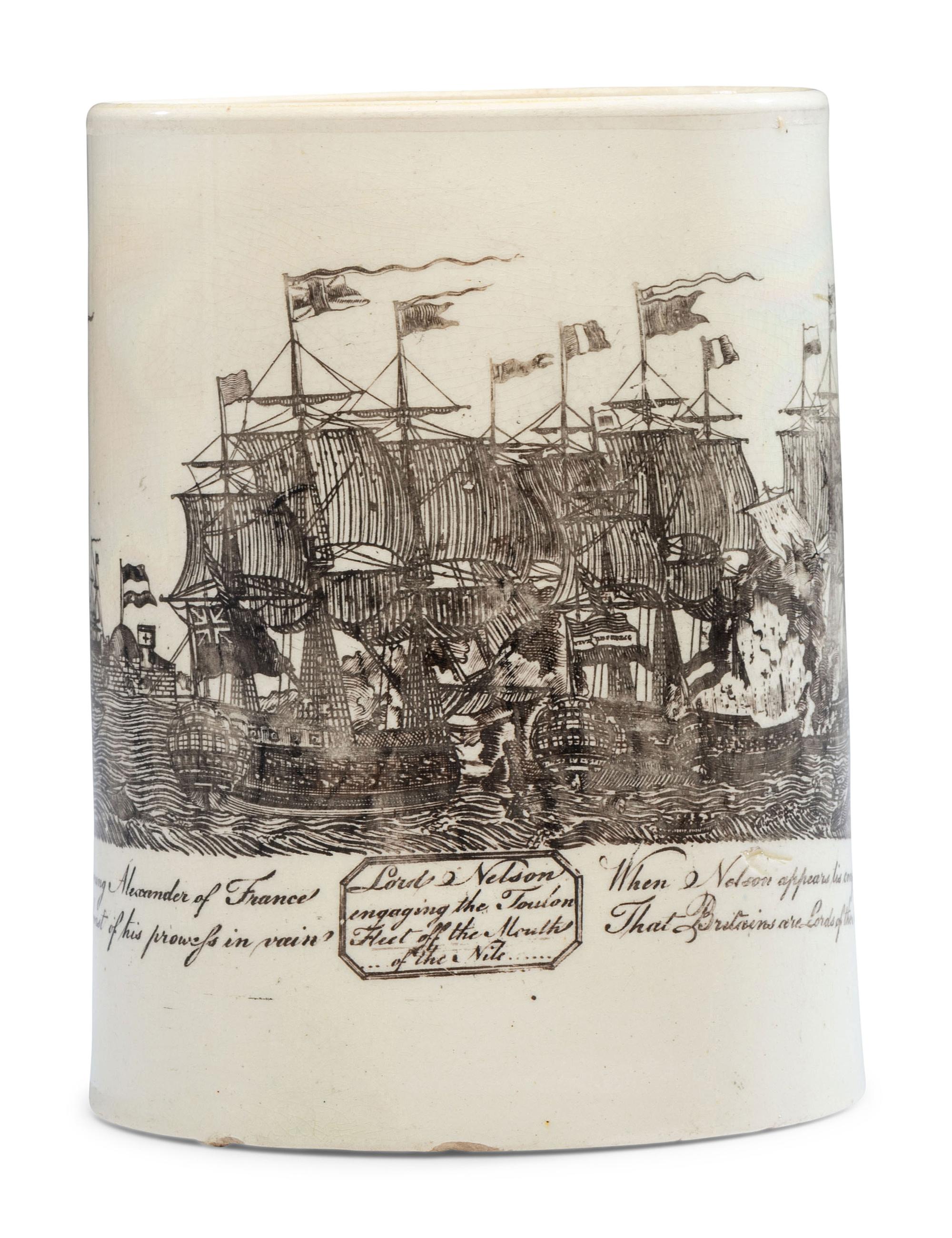 A Creamware Transfer-Printed Tankard with Naval Battle Scene