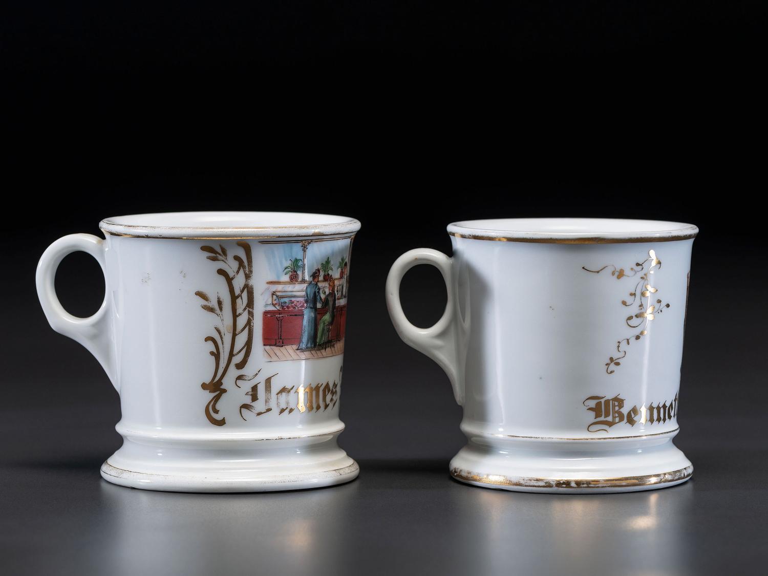 Two Soda Fountain Porcelain Occupational Shaving Mugs
