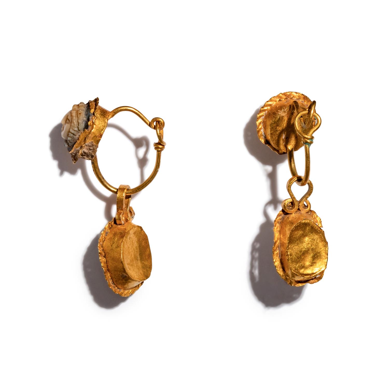 A Pair of Roman Gold and Onyx Cameo Earrings