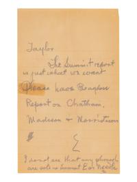 [PHONOGRAPHS]. EDISON, Thomas (1847-1931), inventor. Autograph note signed ("E"), in pencil, to Taylor. N.p., n.d.