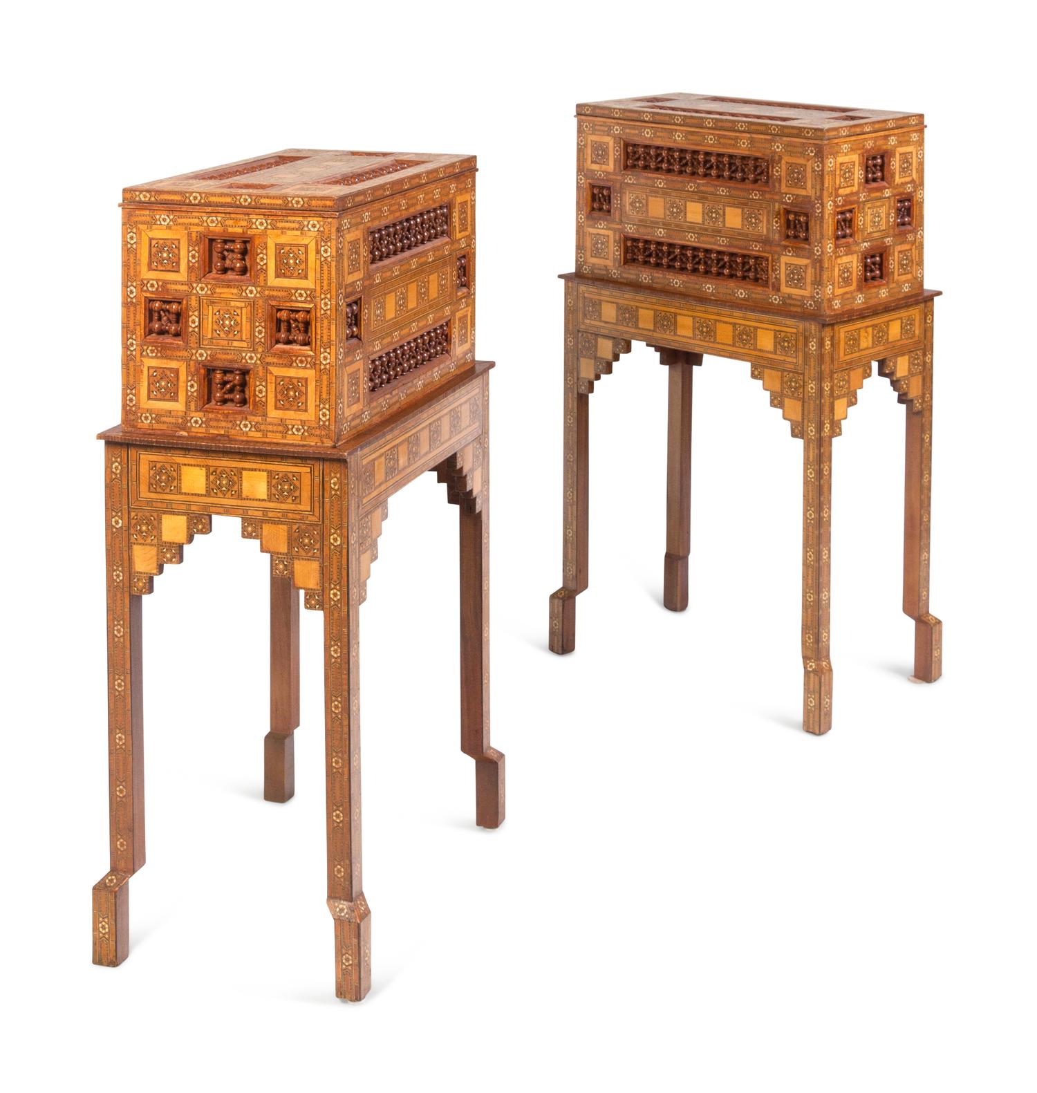 A Pair of Moroccan Marquetry Chests on Stands