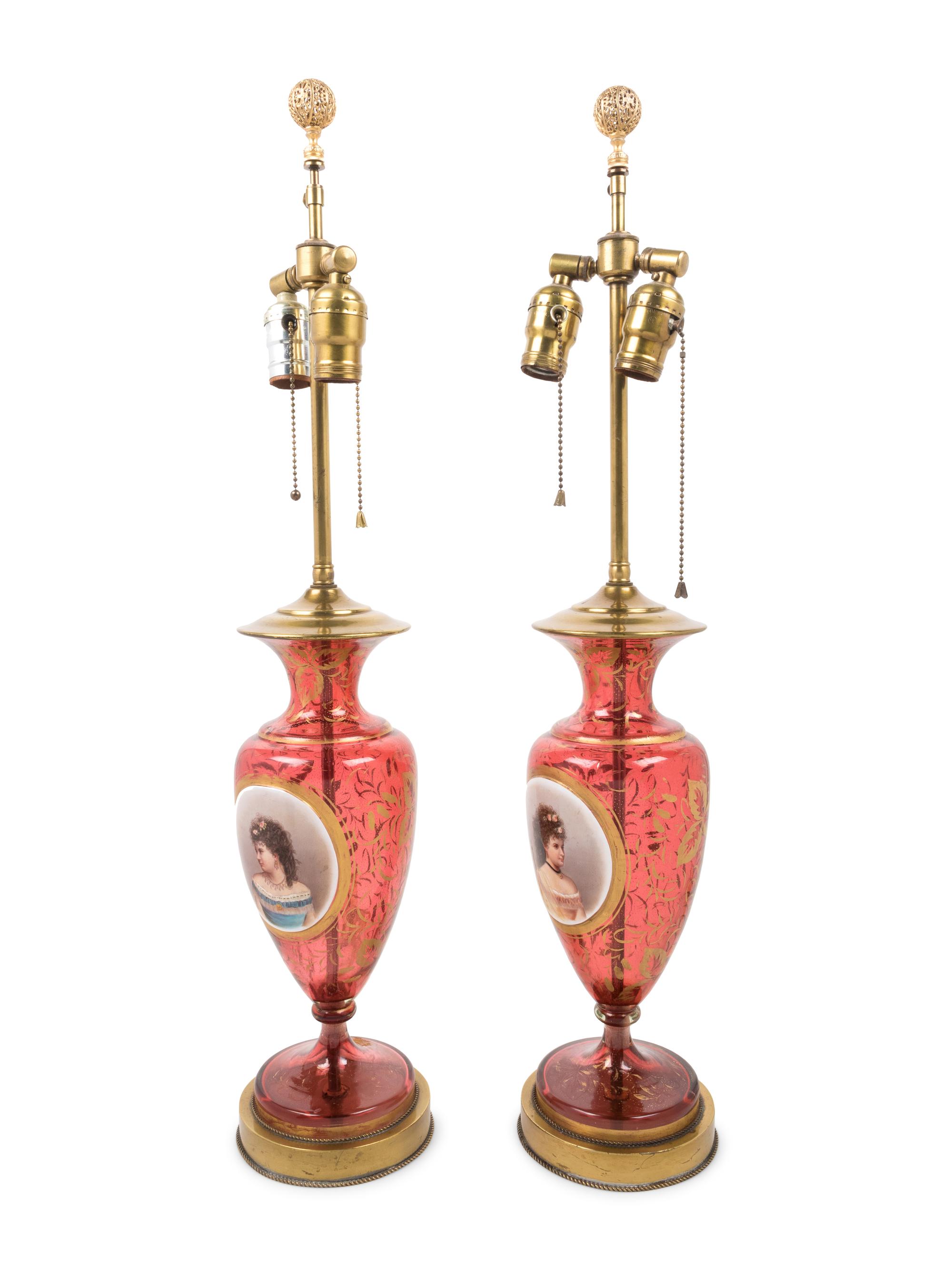 A Pair of French Enameled Cranberry Glass Vases Mounted as Lamps
