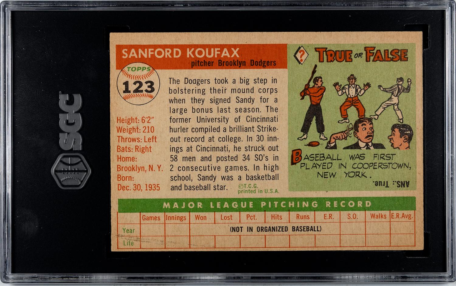 A 1955 Topps Sandy Koufax Rookie Baseball Card (SGC 3.5 VG+)
