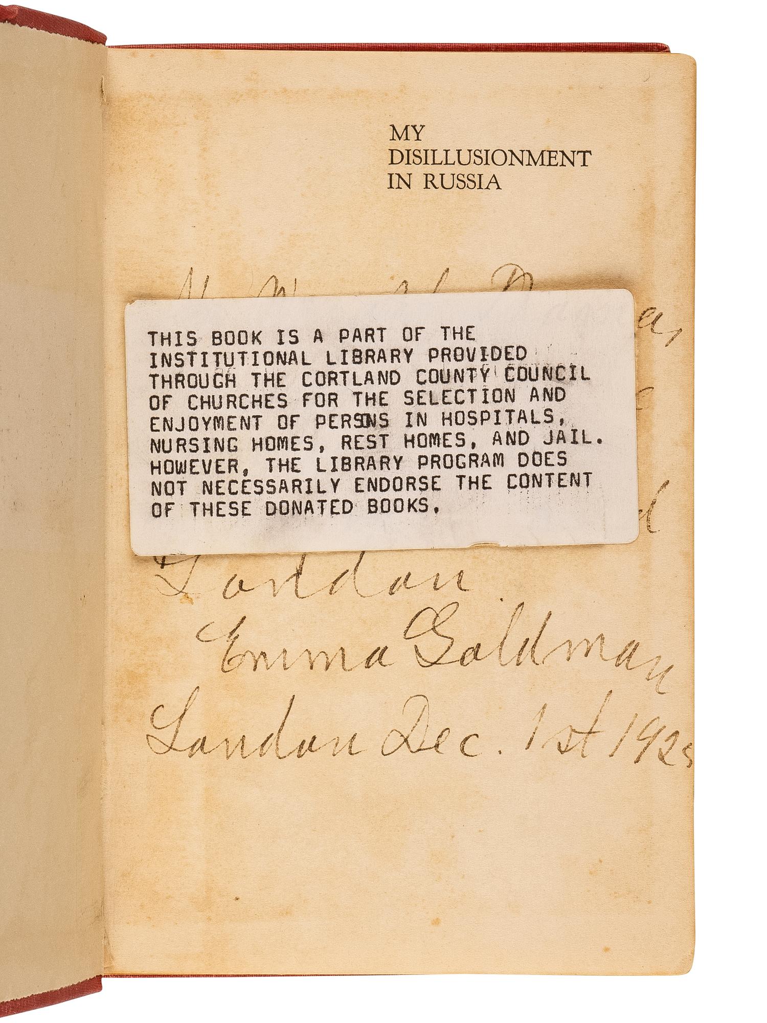 GOLDMAN, Emma (1869-1940). My Disillusionment in Russia . London: The C. W. Daniel Company, [1925].