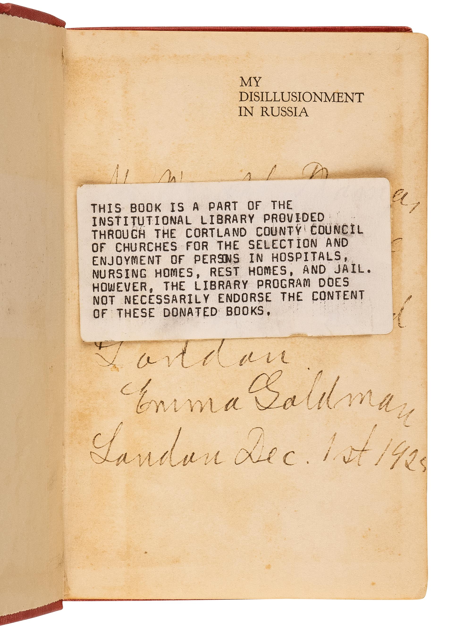 GOLDMAN, Emma (1869-1940). My Disillusionment in Russia . London: The C. W. Daniel Company, [1925].