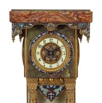 A French Green Onyx, Champlevé Enamel and Marble Pedestal Clock
