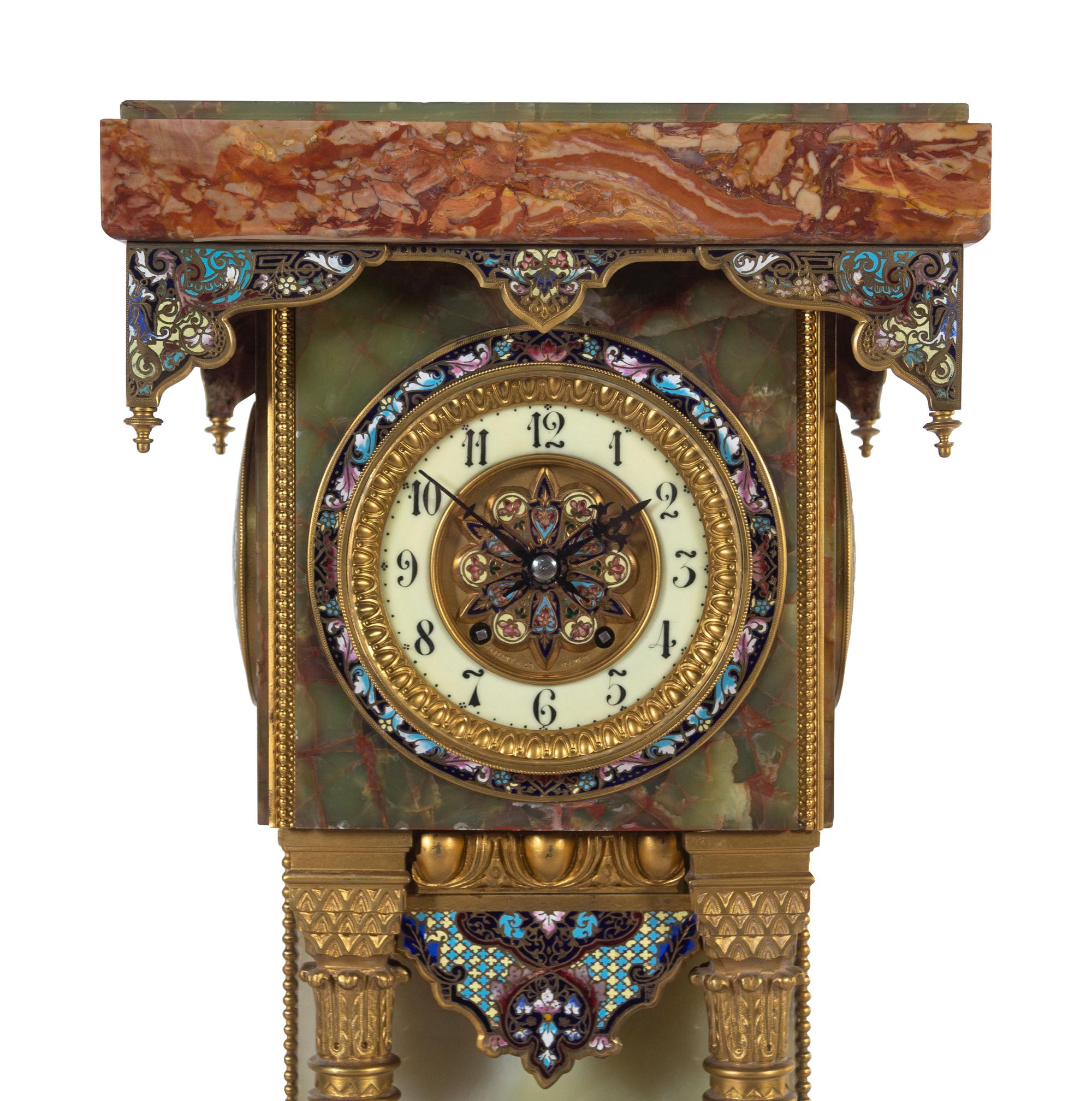 A French Green Onyx, Champlevé Enamel and Marble Pedestal Clock