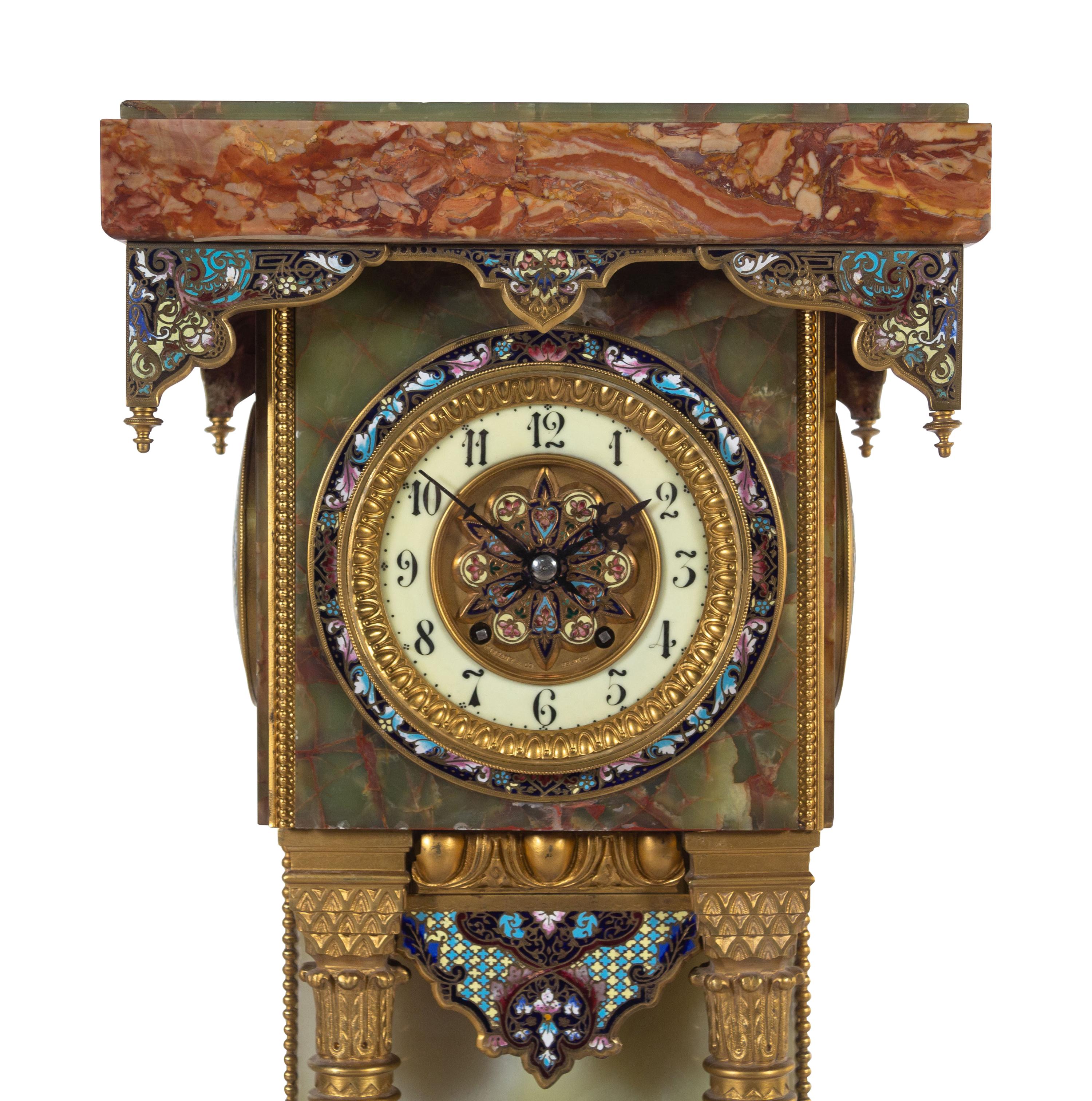 A French Green Onyx, Champlevé Enamel and Marble Pedestal Clock