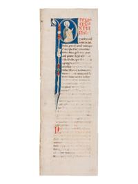 CIRCLE OF THE MASTER OF BAGNACAVALLO AND OF THE MASTER OF IMOLA (active Italy, Bologna, second half of thirteenth century) A partial leaf from an “Atlantic” Bible, with a historiated initial ‘P’ of St. Paul, in Latin, illuminated manuscript on parchment [Italy, Bologna, c. 1270]