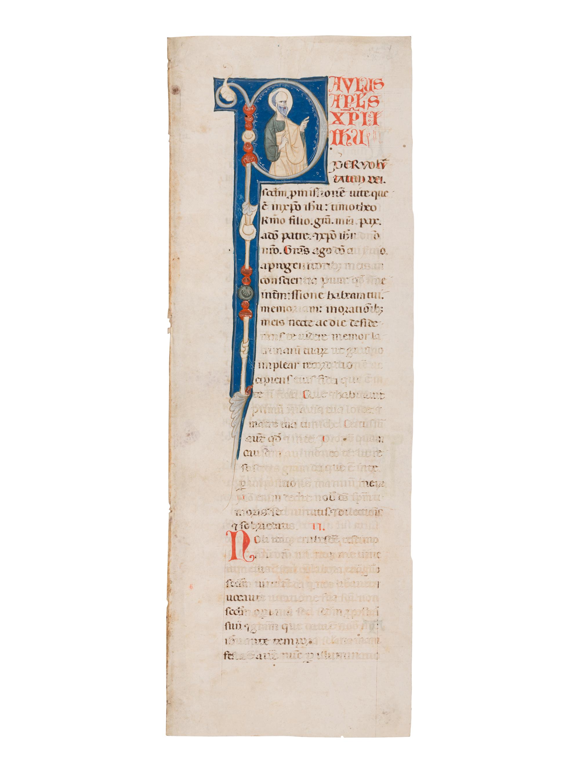 CIRCLE OF THE MASTER OF BAGNACAVALLO AND OF THE MASTER OF IMOLA (active Italy, Bologna, second half of thirteenth century) A partial leaf from an “Atlantic” Bible, with a historiated initial ‘P’ of St. Paul, in Latin, illuminated manuscript on parchment [Italy, Bologna, c. 1270]
