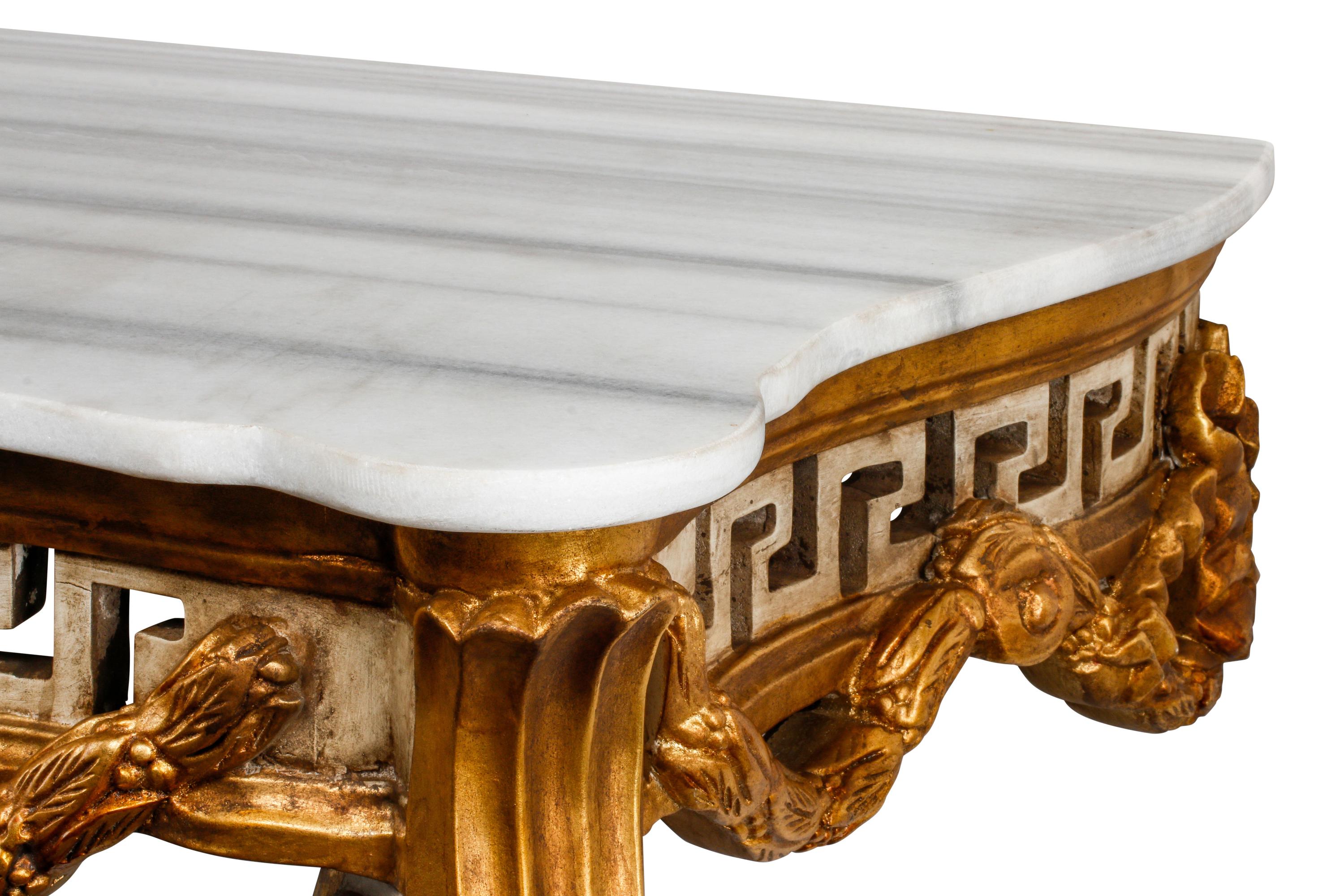 A Pair of Italian Neoclassical Style Painted and Parcel Gilt Marble-Top Console Tables