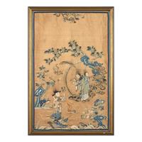 A Chinese Apricot Ground Embroidered Silk 'Scholar's Achievement' Panel, Suzhou, 18th/19th Century — 清中期 杏子地綉庭院行樂圖鏡框一幅
