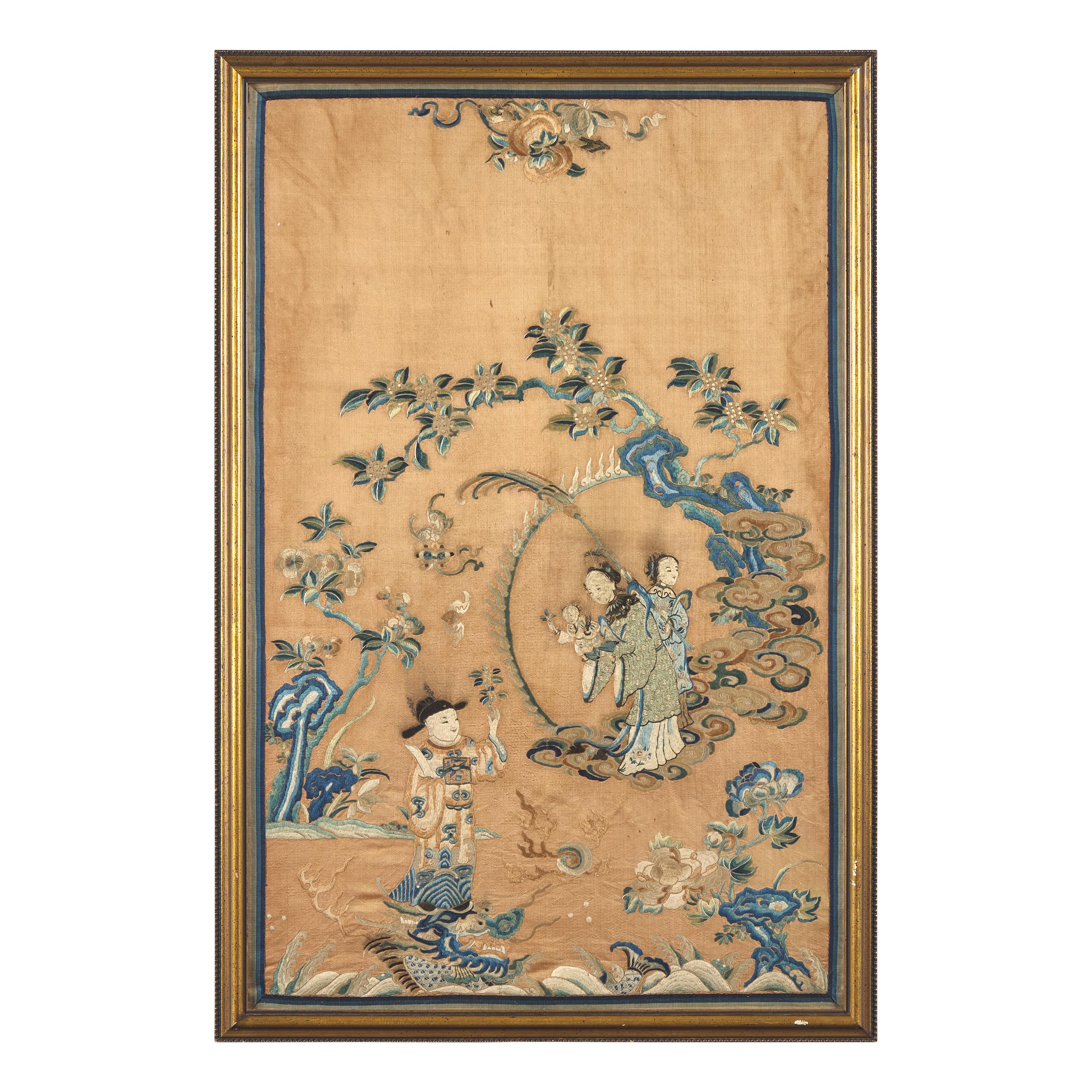 A Chinese Apricot Ground Embroidered Silk 'Scholar's Achievement' Panel, Suzhou, 18th/19th Century — 清中期 杏子地綉庭院行樂圖鏡框一幅