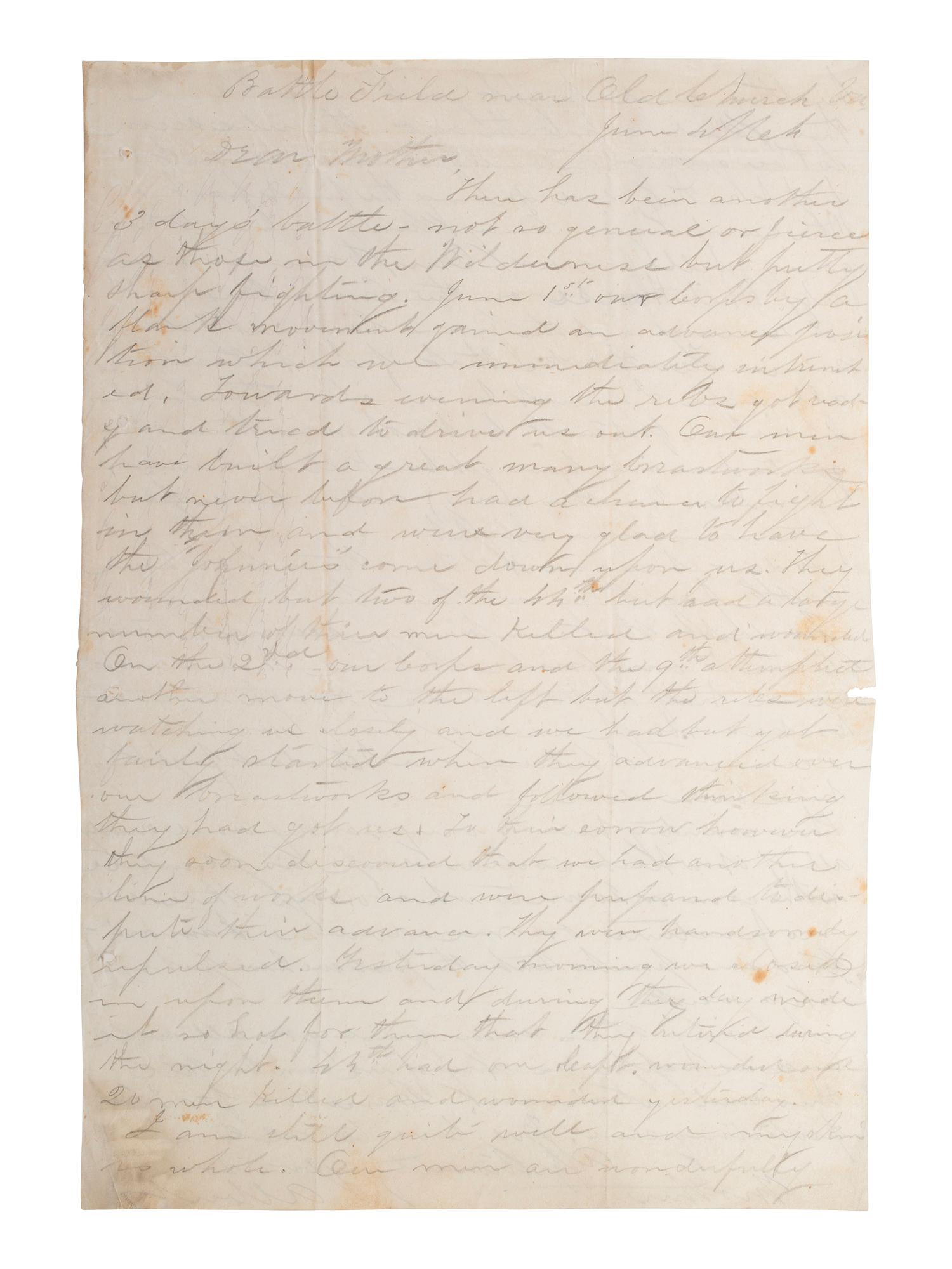 [CIVIL WAR]. Letter from the battlefield of Cold Harbor written by Albert N. Husted, Company I, 44th New York Infantry. "Near Old Church Va," 4 June 1864.