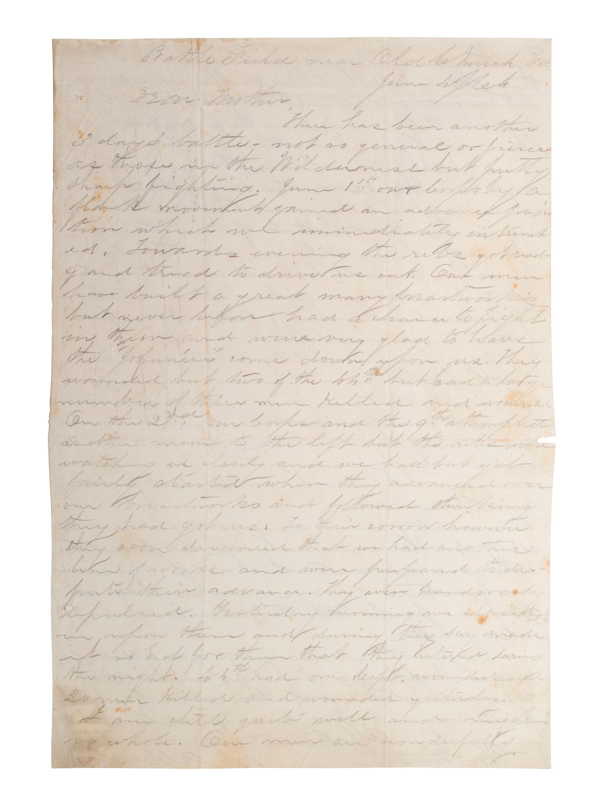 [CIVIL WAR]. Letter from the battlefield of Cold Harbor written by Albert N. Husted, Company I, 44th New York Infantry. "Near Old Church Va," 4 June 1864.