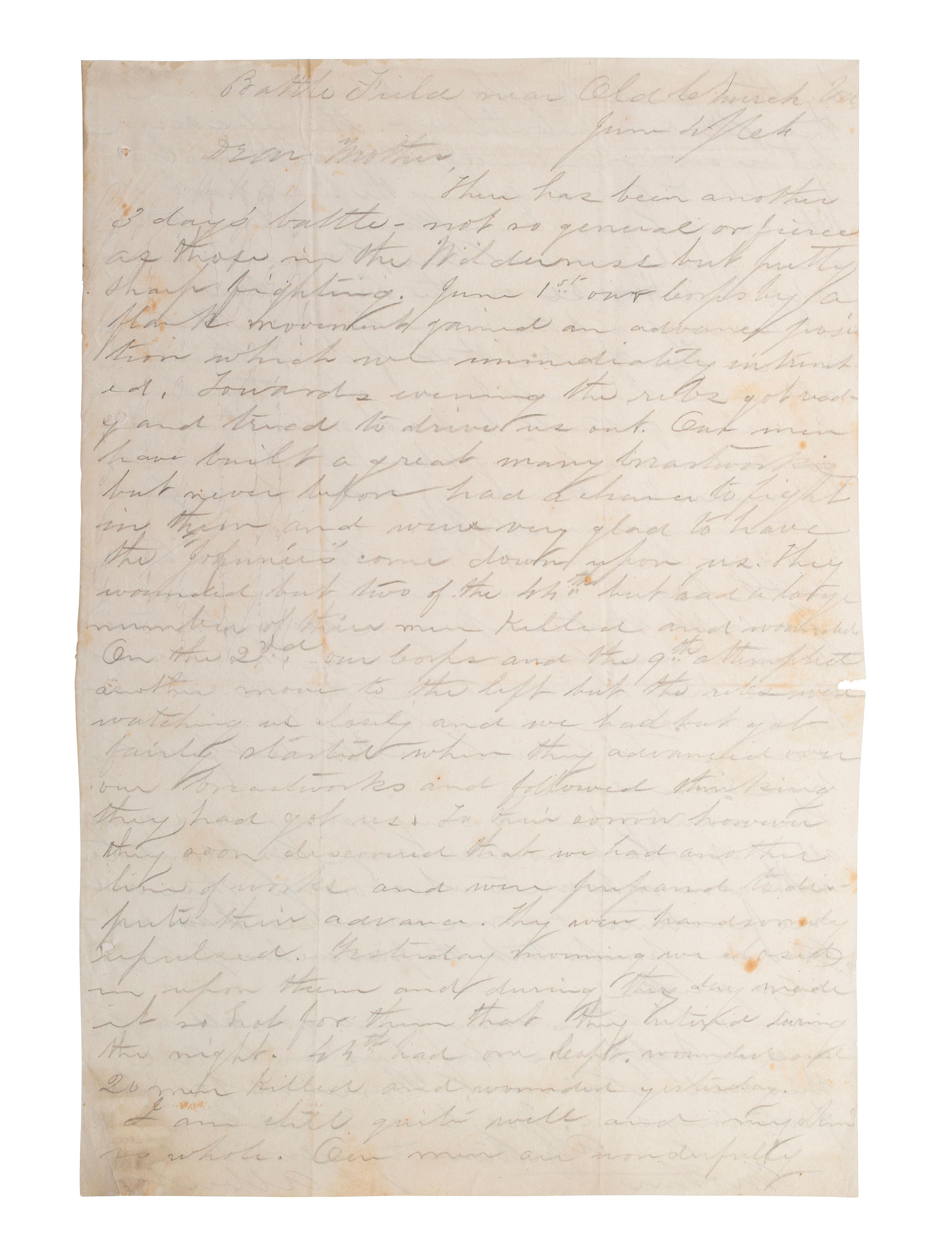 [CIVIL WAR]. Letter from the battlefield of Cold Harbor written by Albert N. Husted, Company I, 44th New York Infantry. "Near Old Church Va," 4 June 1864.