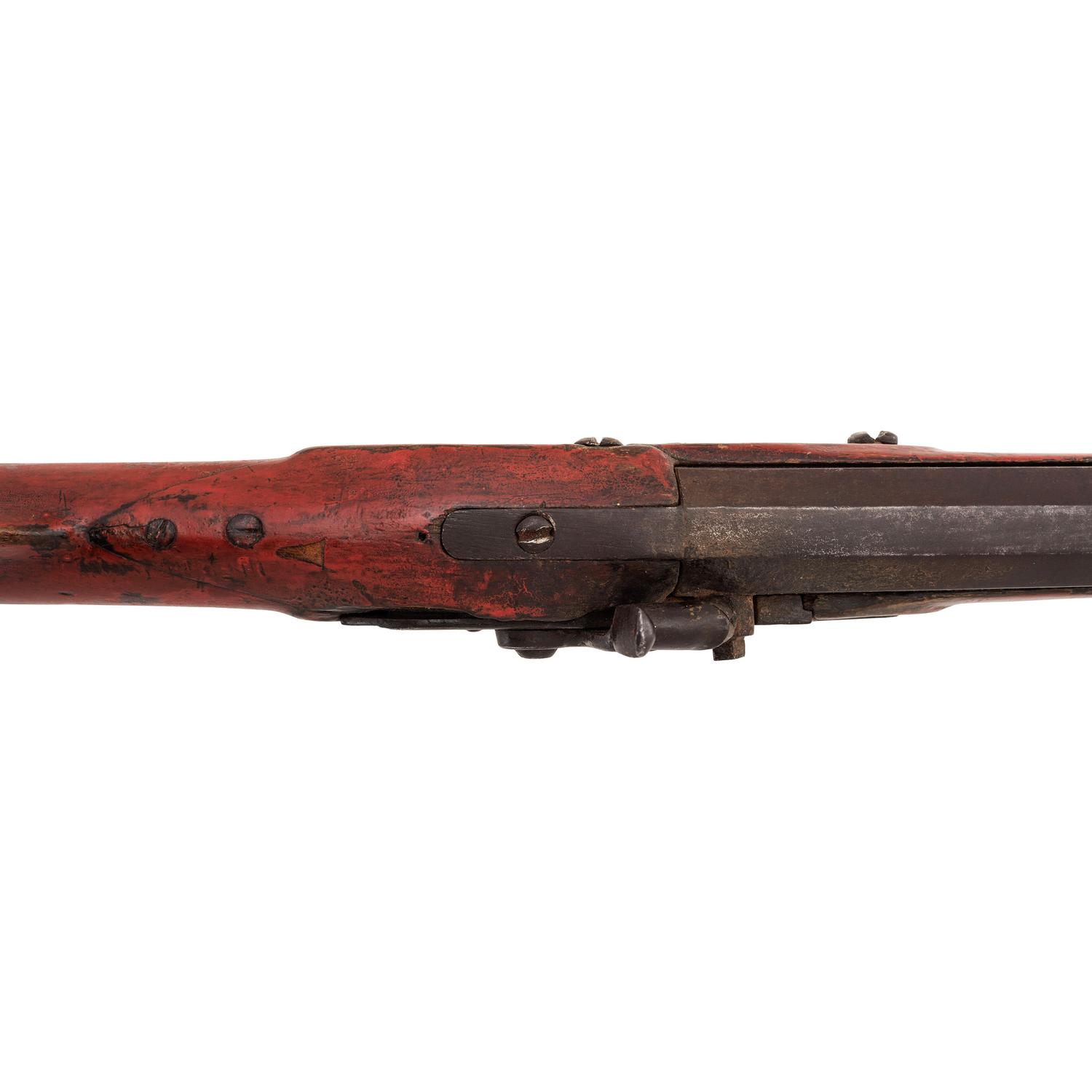 Red Painted Percussion Altered Smooth Rifle with Powder Horn & Pipe Tomahawk