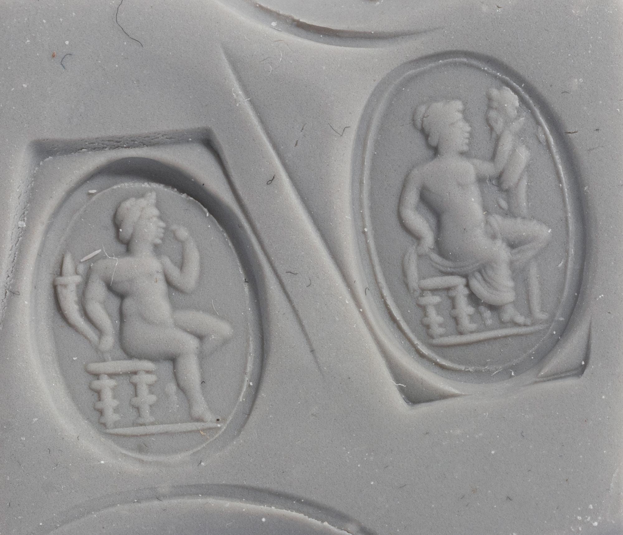 A Roman Banded Agate and Two Green Jasper Ring Stones with Mythological Figures — Set in a gold ring