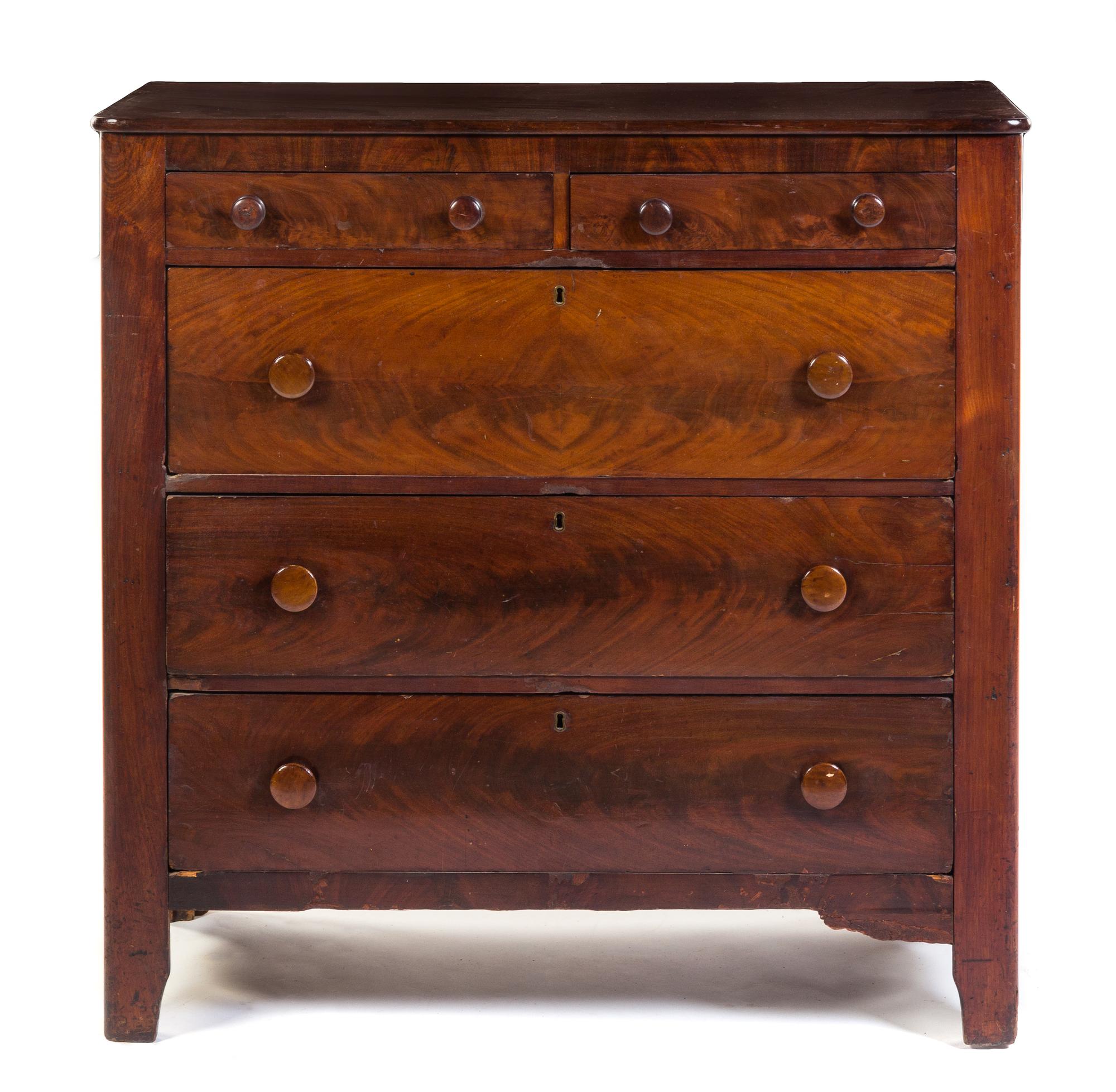 An American Empire Mahogany Chest of Drawers Height 40 1/4 x width 41 1/4 x depth 18 inches. — 19TH CENTURY