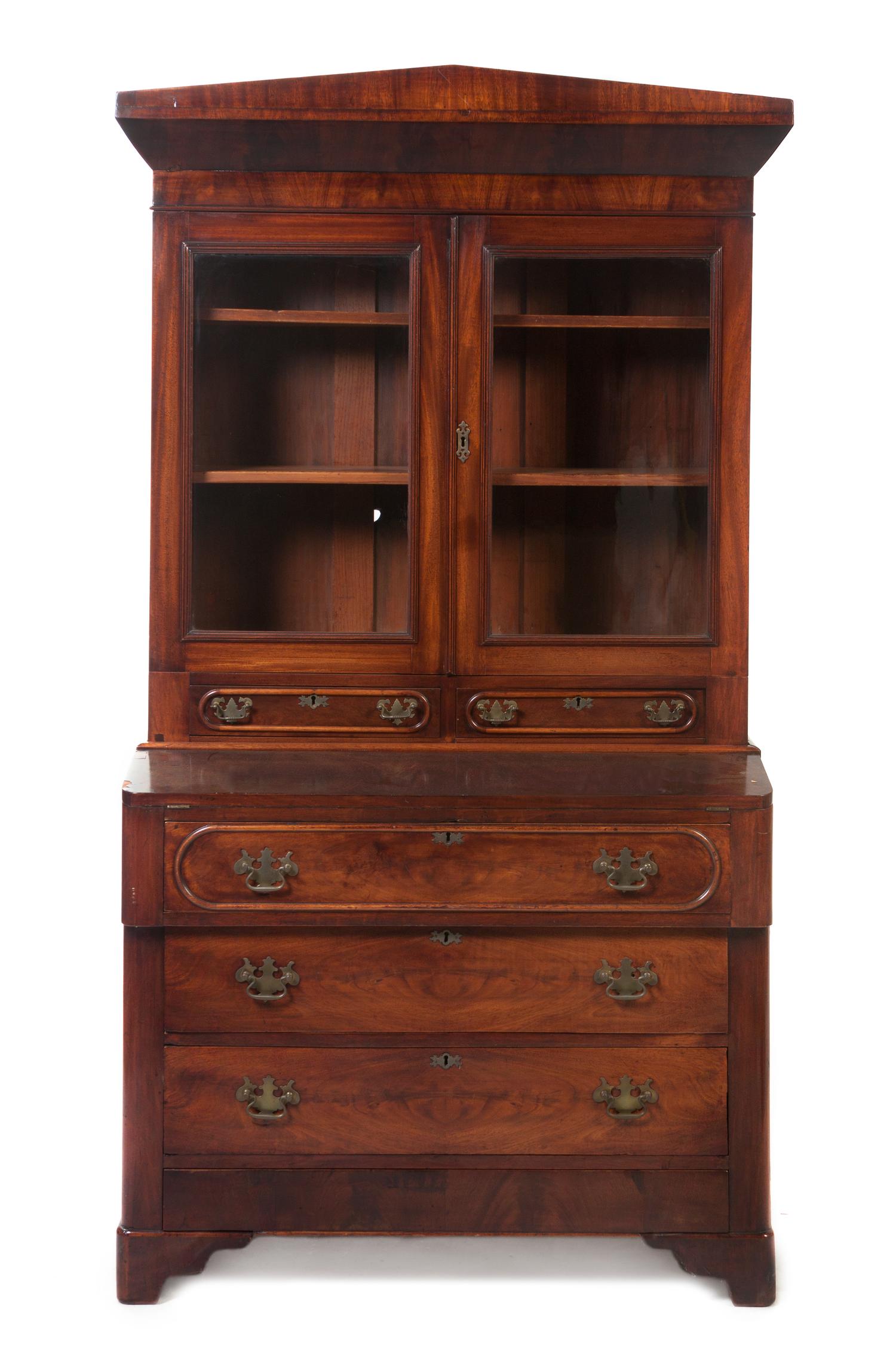 An American Empire Mahogany Secretary Bookcase, Height 74 1/2 x width 39 x depth 17 3/4 inches.